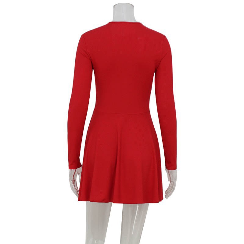 Women Half High Collar Long Sleeves h Fishbone Tight Waist Short Dress